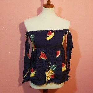 FOREVER 21 Off the shoulder Navy Fruit Print Top S